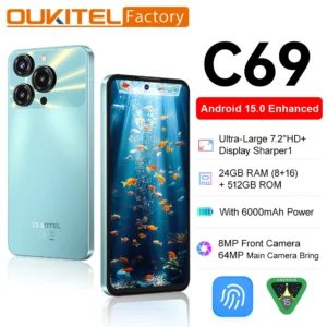 OUKITEL C69 Smartphon Android 15 7.2" HD+ Large Screen Dual 4G Mobile Phone 24GB(8+16)+256GB 6000mAh 64MP Main Camera 120Hz NFC